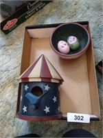 Hand Painted Bird House & Bowl