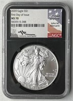 2020 MS70 Silver Eagle, Mercanti Signed 1st Day