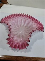 Pink and white ruffled glass dish