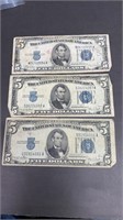 Currency: (3) 1934 $5 Silver Certificate Notes