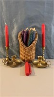 Brass Candle Holders & Candles w/Basket