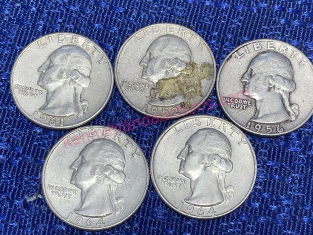 (5) Washington Silver Quarters (90% silver)