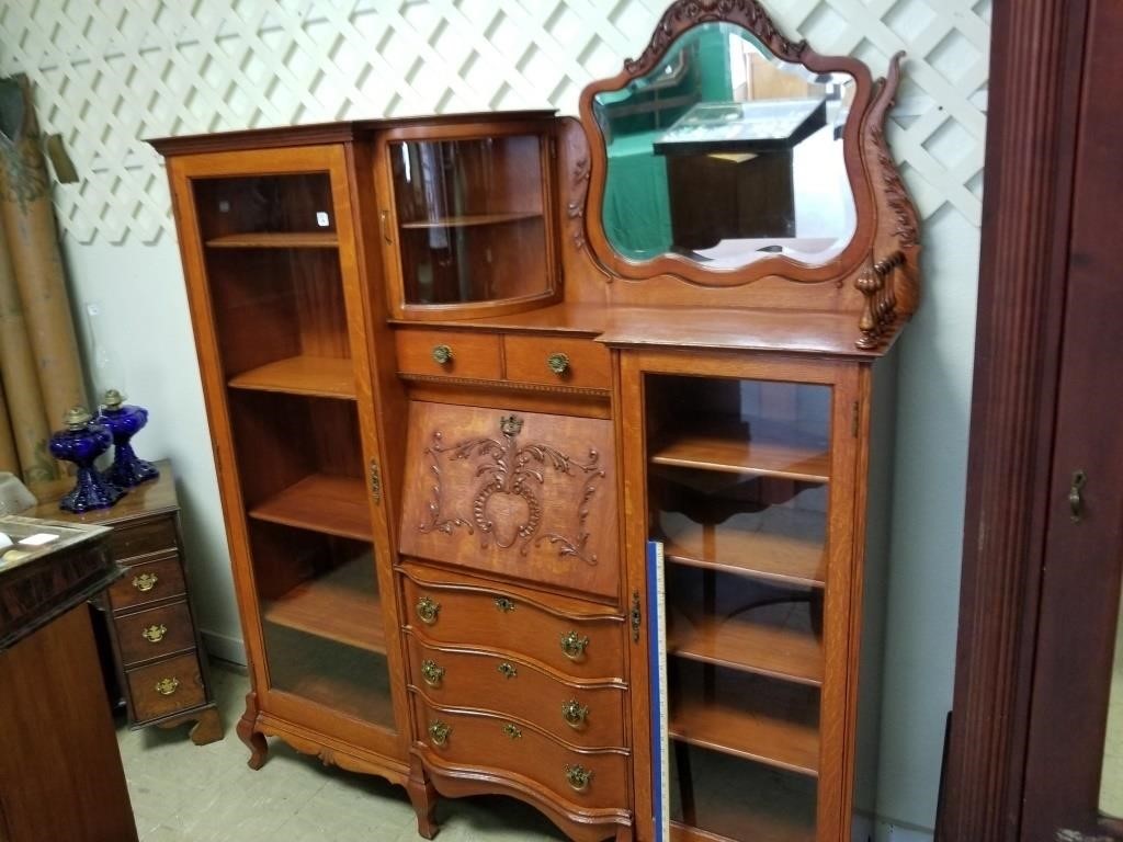 FANCY OAK DBL SECRETARY BOOKCASE W SWINGING MIRROR