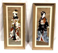Pair of Japanese Geisha Painted on Silk & Framed