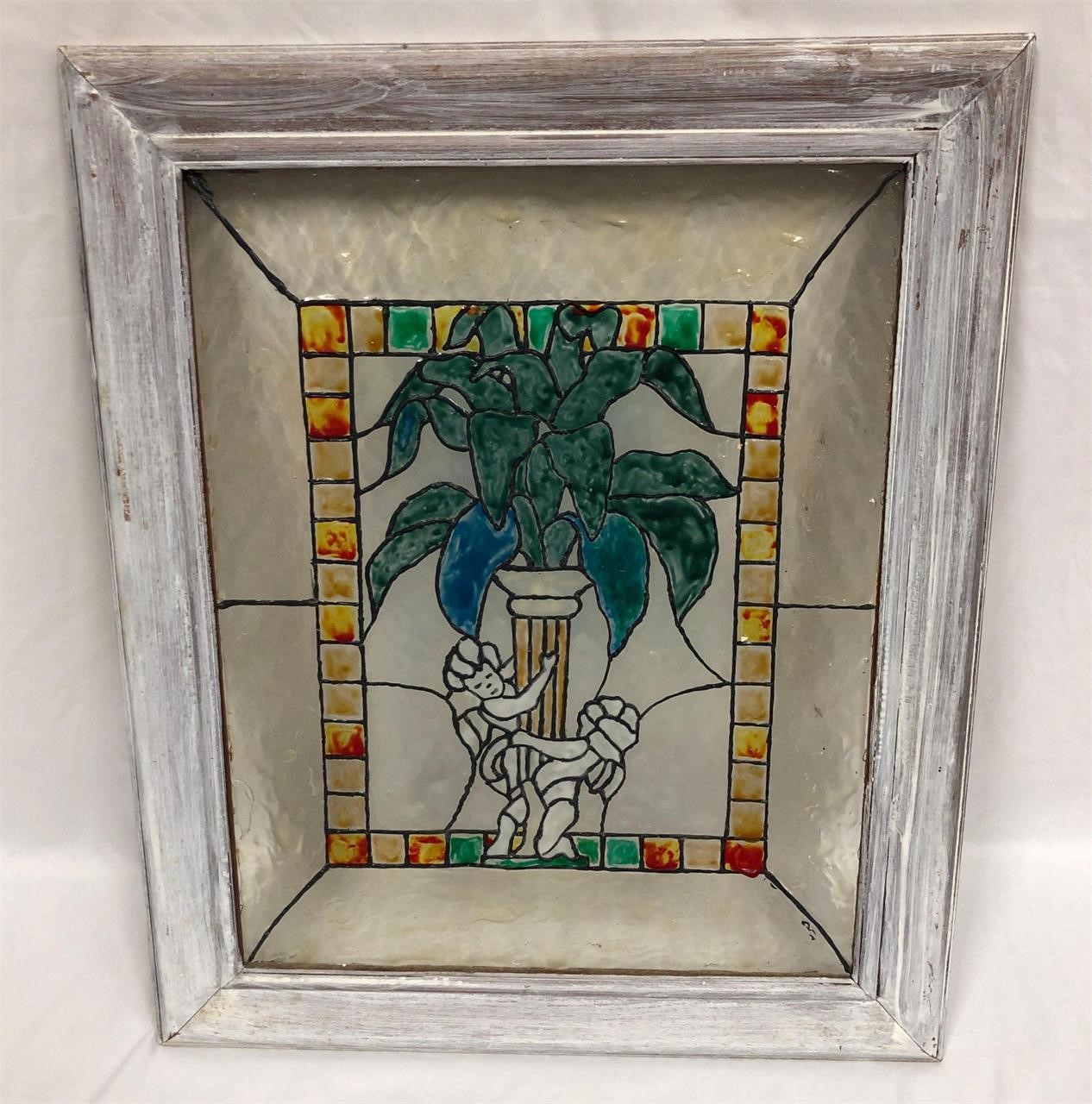 Vintage Art Nouveau Stained Glass in Frame