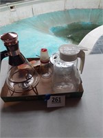 Glass carafes, sterno packs, vintage nut