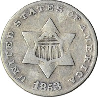 1853 SILVER THREE CENT PIECE - VG