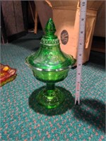 Tiara emerald glass covered candy dish with