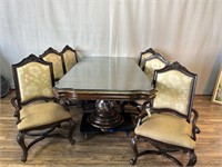 Dark Inlay Dining Table w/6 Carved Chairs