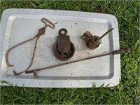 Vintage tongs,fire poker,pulley,oil can