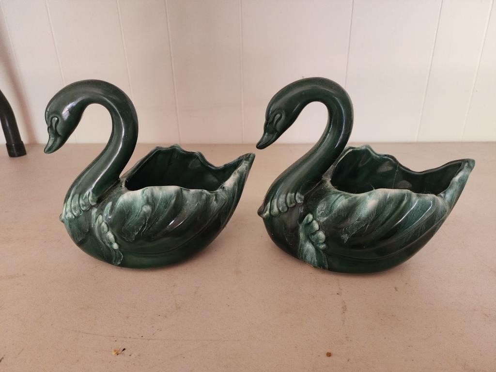Vintage MCM Swan Planters Green Drip Glaze Hull