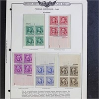 US Plate Block Stamps 1940s Mint NH including Famo