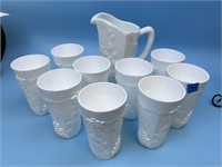 Vintage Milk Glass Pitcher and 9 Glasses