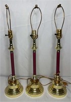 3 Candlestick Brass & Burgundy Table Lamps