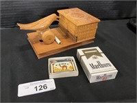 1930s Ornate Wood Cigarette Dispenser, Adv Camel.