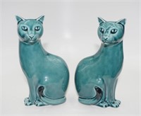 Pair Blue Green Poole Pottery cats