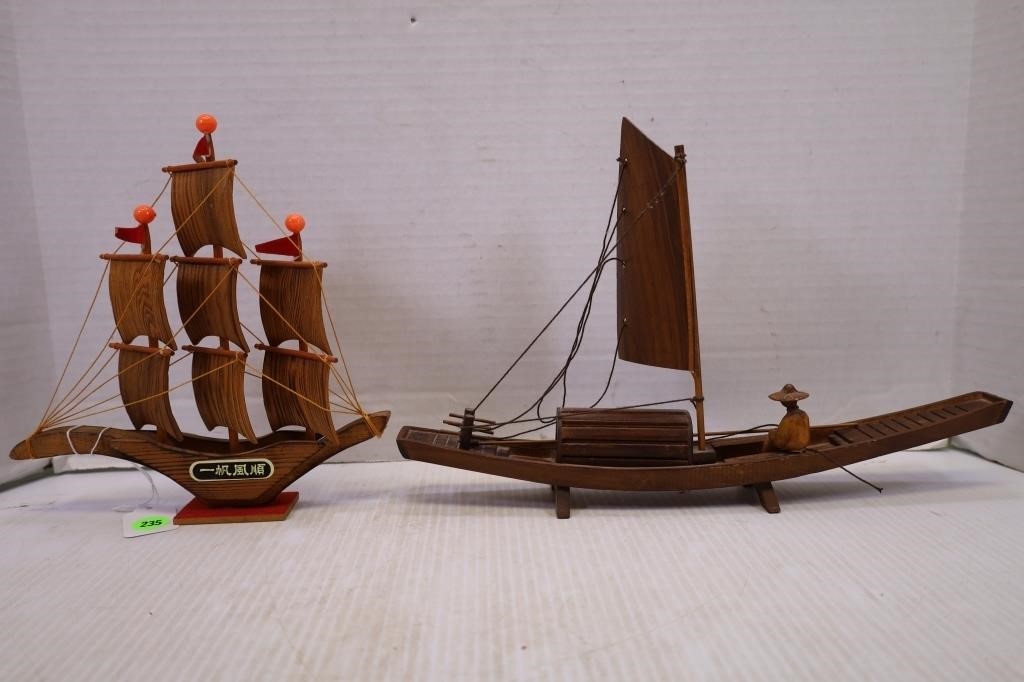 LOT OF 2 HAND CARVED ORIENTAL FISHING BOATS - 14"