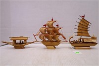 LOT OF 3 HAND CARVED ORIENTAL BAMBOO FISHING BOATS