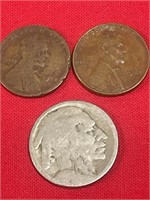 2 - wheat pennies 1918x, 1942 - 1 Indian Nickel