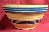 ANTIQUE YELLOW WARE MIXING BOWL W BLUE STRIPES