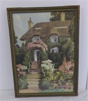 Vintage English Garden Cottage Print, Framed