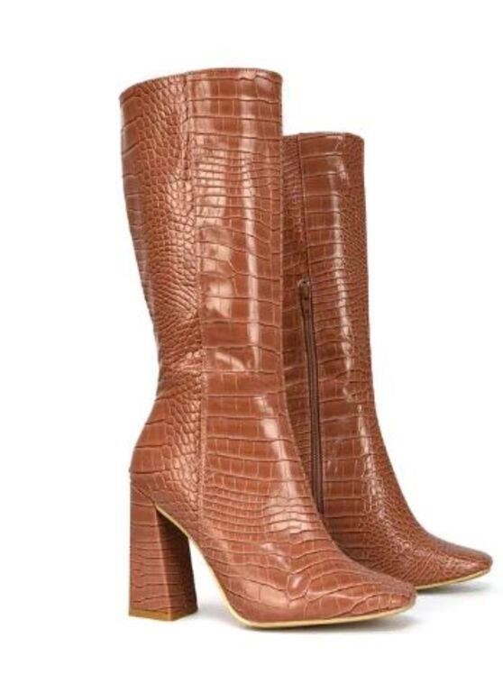 Size:7 Embossed Mid Calf Heeled Boots In Brown Syn