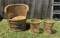 Wicker Rattan Round Chair w/Two Waste Baskets