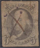 US Stamp #1 Used pen cancel with faults, space fil