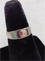 .925 Silver Band Ring w/Multi Color Inlay TW: 5.0g