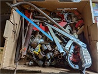 Tray of sockets hand tools copper fittings etc