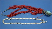 Cultured Pearls w/Broken 14K Clasp, Coral Beads