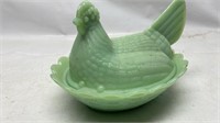 Green Glass Rooster Lidded Nesting Bowl