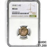 1918-S Mercury Silver Dime NGC MS64