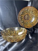 Two (2) IN Glass Amber Diamond Cut Fruit Bowls