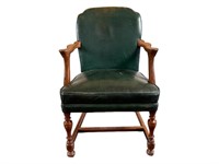 Vintage Green Leather Walnut Accent Arm Chair