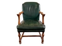 Vintage Green Leather Walnut Accent Arm Chair