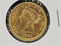 1881 S US $5 Gold Coin