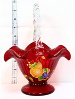 Fenton red basket w/ hand painted fruit