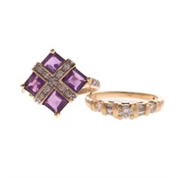 A Pair of  Gold Rings with Amethyst & Diamonds