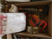 Box of gloves, pins, tape measure, etc