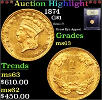 ***Auction Highlight*** 1874 Gold Dollar $1 Graded
