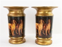 Pr. Decoupage & Gold Leaf Vases w/ Dogs