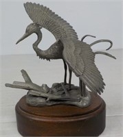 1975 Burques sculpture pewter Crane on wooden