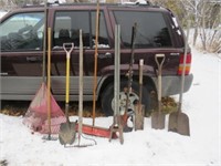 Post hole digger, shovels, racks, broom