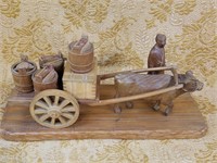 LARGE CARVED WOOD MAN W OX PULLING CART