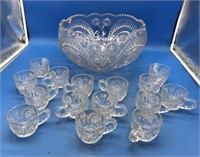 Large Heavy Fancy Glass Punch Bowl With 15 Cups