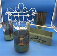 Iron Planter & 3 Glass/Brass Pillar Candle Holders
