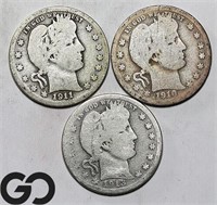 3-coin Lot Barber Quarters, 1910-D, 1911-D, 1913-D