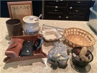 Mix of Knick knacks including pottery turtle,