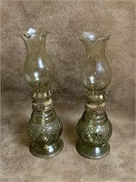 Two Vintage Green Glass Oil Lamps